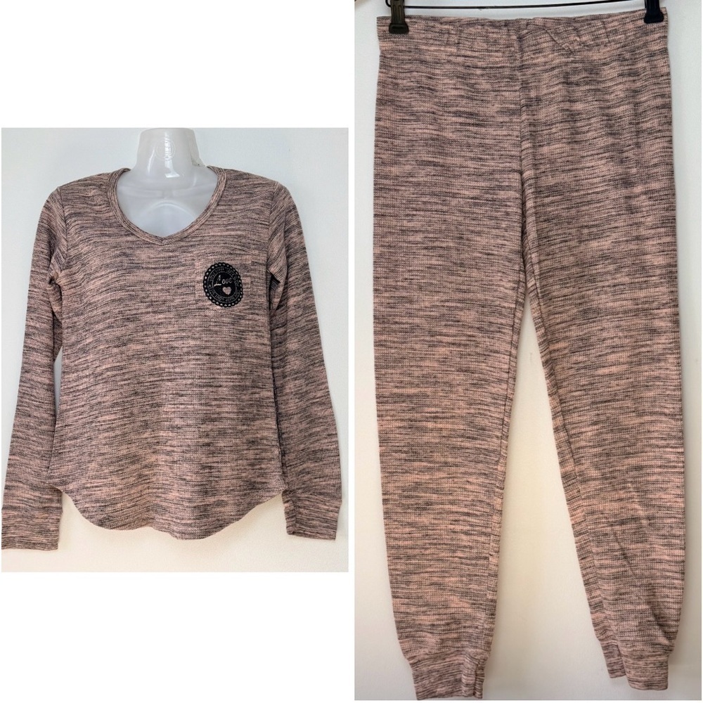 Bobbie Brooks Thermal Pink Grey Long Sleeve Top Pants Pajama Set Women M stretch